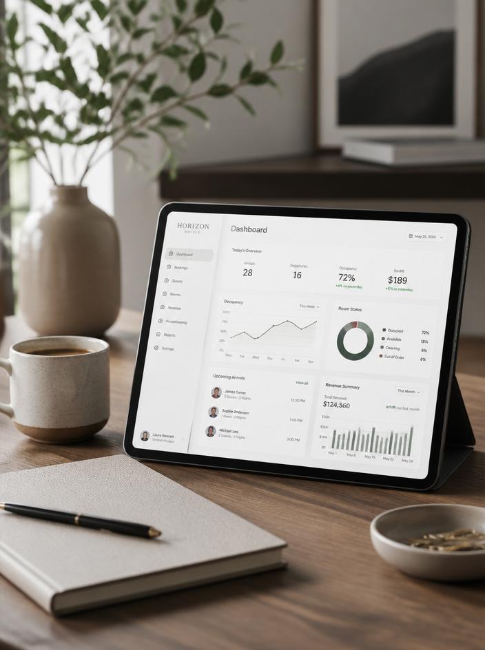 Minimalist workspace with hospitality dashboard on tablet