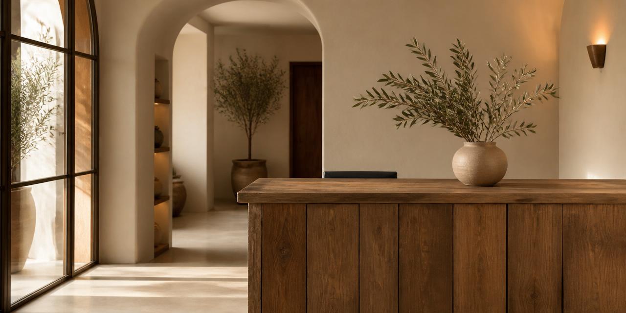 Boutique hotel reception desk with warm afternoon light