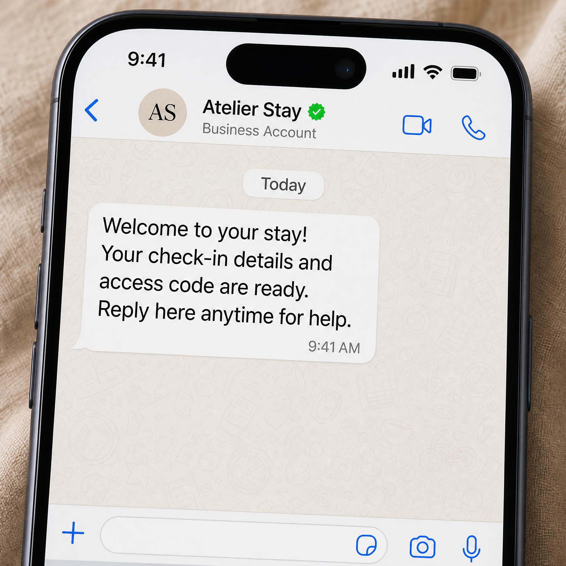 iPhone showing a WhatsApp Business welcome message from The Co-Host Studio